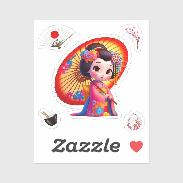 Kokeshi Doll Sticker Pink and Yellow with Umblella (Sheet)