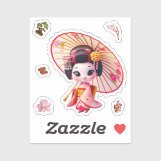 kokeshi doll stickers, Geisha with Umbrella