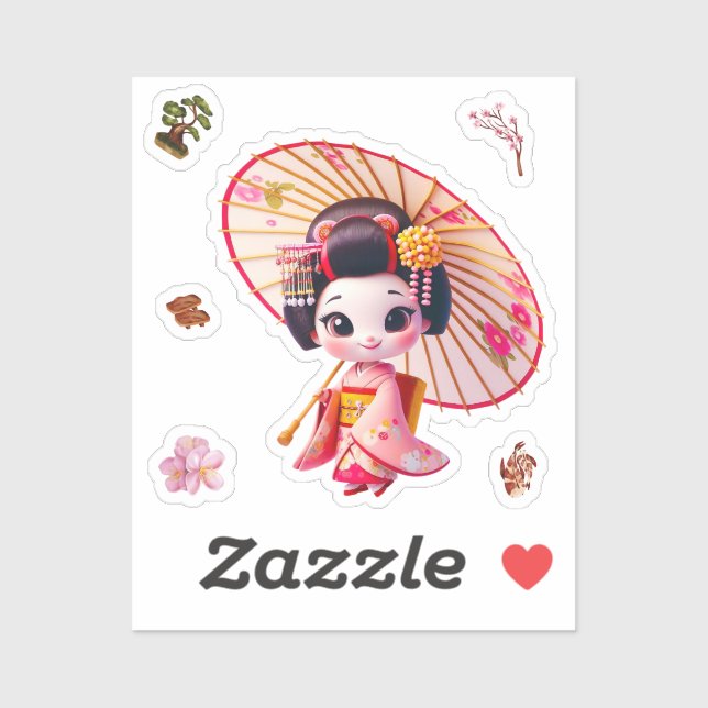 kokeshi doll stickers, Geisha with Umbrella (Sheet)