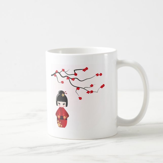 Kokeshi doll under sakura branch coffee mug (Right)