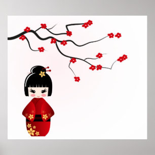Kokeshi doll under sakura branch poster