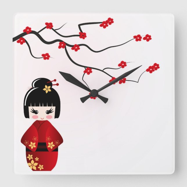 Kokeshi doll under sakura branch wall clock (Front)