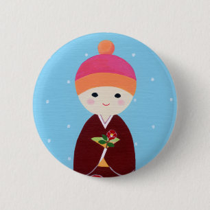 Kokeshi Doll with Camellia 6 Cm Round Badge