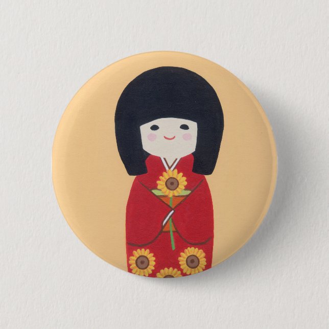 Kokeshi Doll with Sunflower 6 Cm Round Badge (Front)