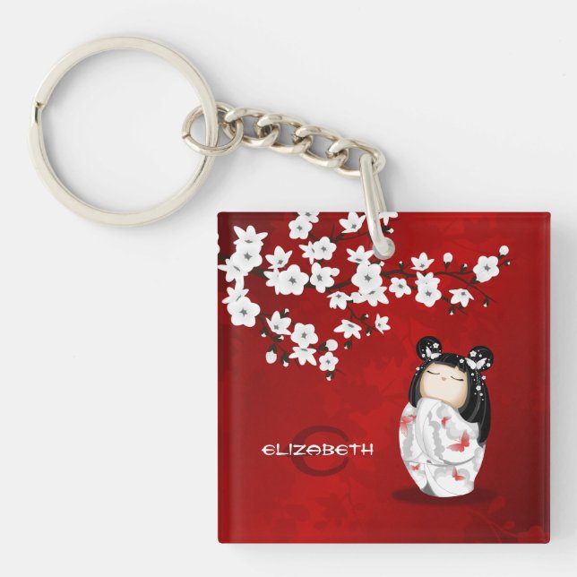 Kokeshi DollRed Black And White Cherry Blossom Key Key Ring (Front)