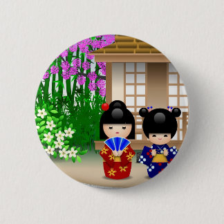 Kokeshi Dolls and Teahouse 6 Cm Round Badge