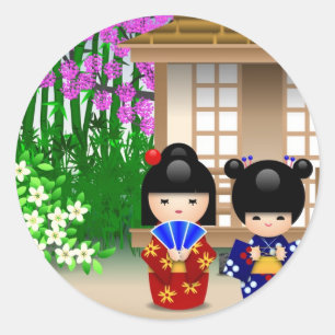 Kokeshi Dolls and Teahouse Classic Round Sticker
