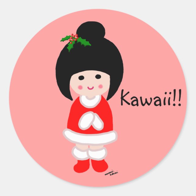 Kokeshi Girl Christmas Classic Round Sticker (Front)