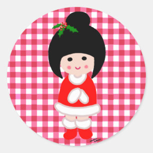 Kokeshi Girl Christmas Classic Round Sticker