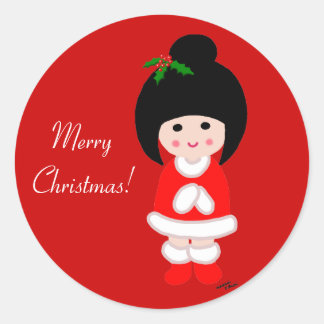 Kokeshi Girl Christmas in Red Classic Round Sticker