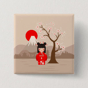 Kokeshi - Japanese Doll 15 Cm Square Badge