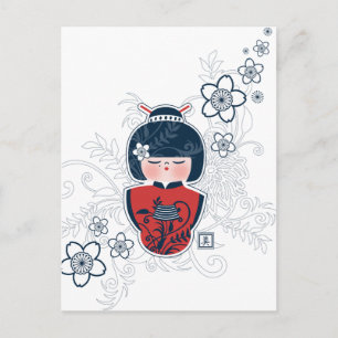 kokeshi navy white red postcard