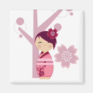 Kokeshi Sakura and Cherry Tree Magnet