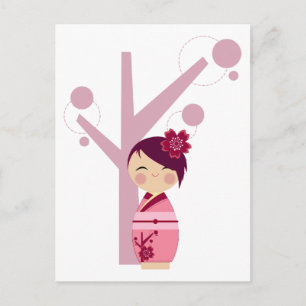 Kokeshi Sakura & Cherry Tree Postcard