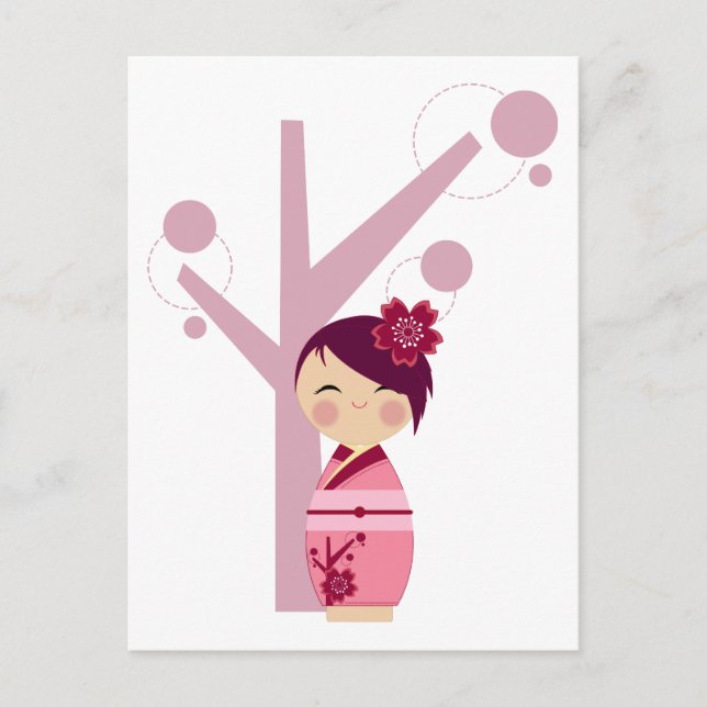 Kokeshi Sakura & Cherry Tree Postcard (Front)