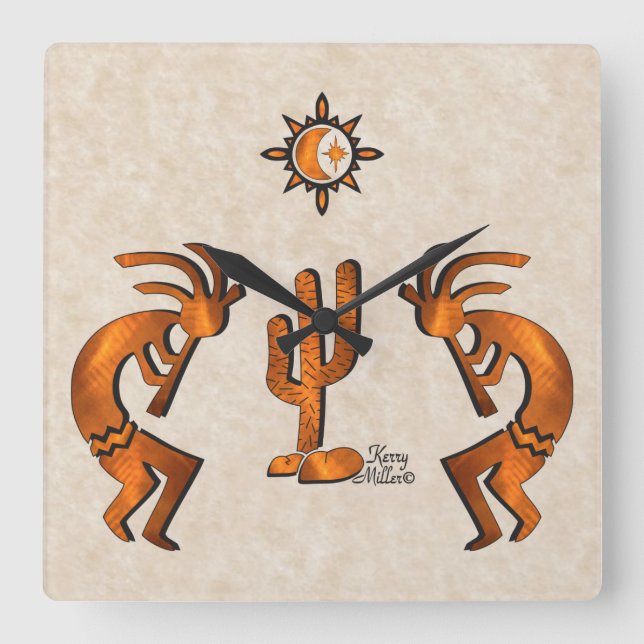 Kokopelli And Cactus Square Wall Clock (Front)