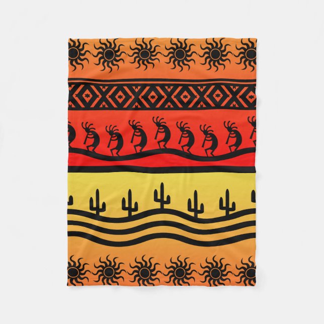 Kokopelli Aztec Tribal Desert Southwestern Design Fleece Blanket (Front)