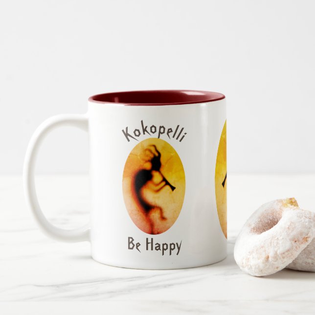 Kokopelli Be Happy Inspirational  Two-Tone Coffee Mug (With Donut)