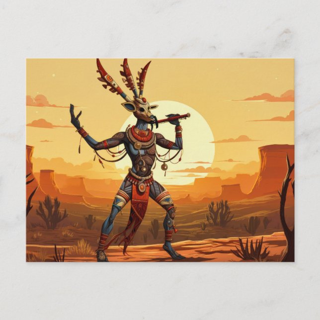 Kokopelli Dancing Playing Flute On Desert Plateau Postcard (Front)
