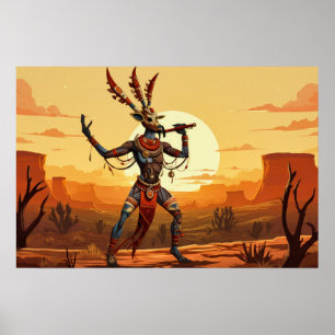Kokopelli Dancing Playing Flute On Desert Plateau Poster