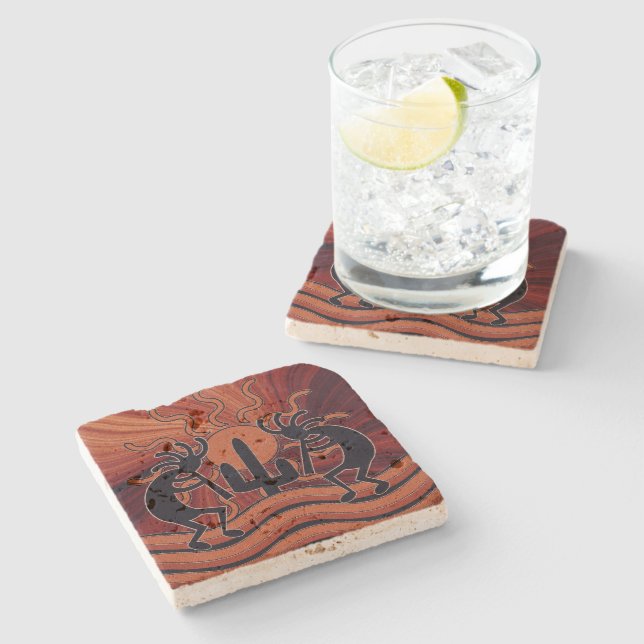 Kokopelli Desert Sun Cactus Rustic Southwest Stone Coaster (Side)