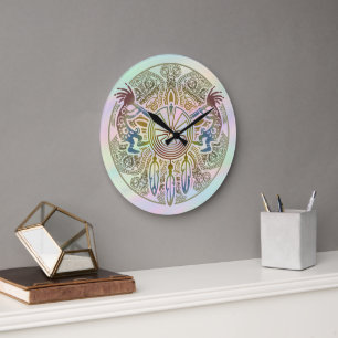Kokopelli Duo - Man In The Maze - Dreamcatcher 1 Large Clock