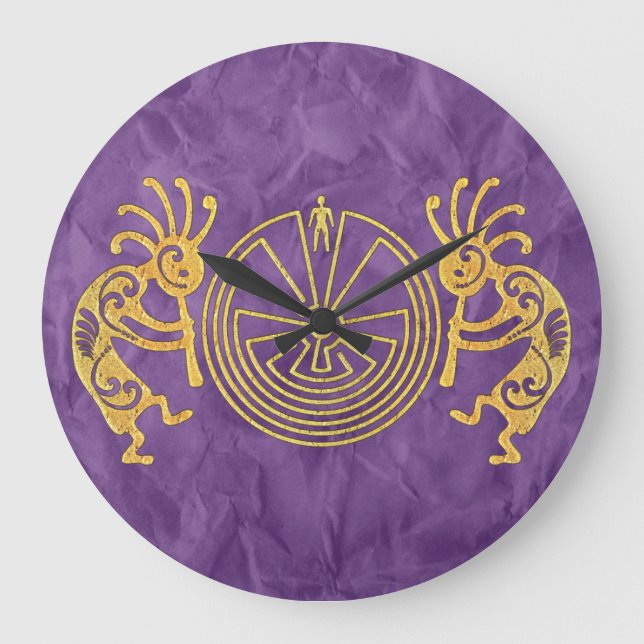 KOKOPELLI / MAN IN THE MAZE gold + your ideas Large Clock (Front)