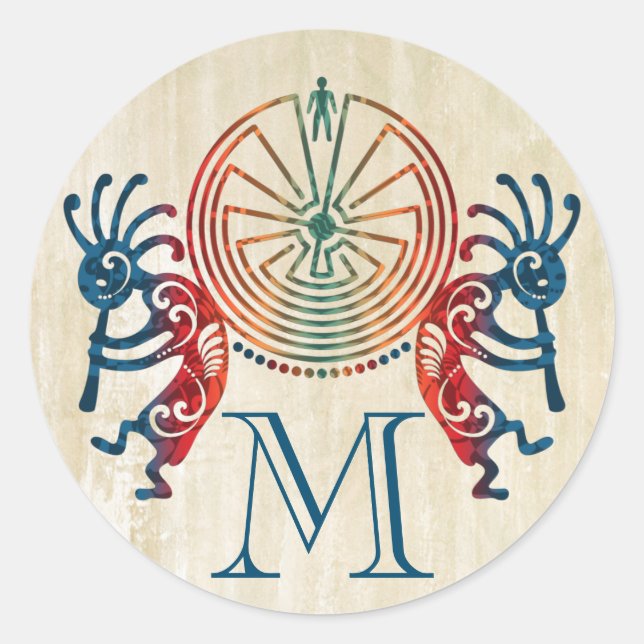 KOKOPELLI / MAN IN THE MAZE + your monogram Classic Round Sticker (Front)