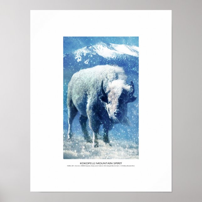 Kokopelli Mountain Spirit, white buffalo in snow Poster (Front)