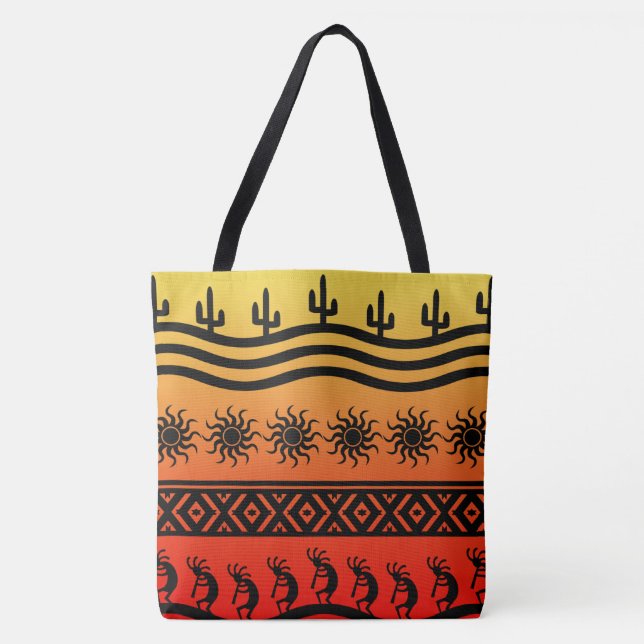 Kokopelli Ombre Sunset Cactus Pattern Tote Bag (Front)