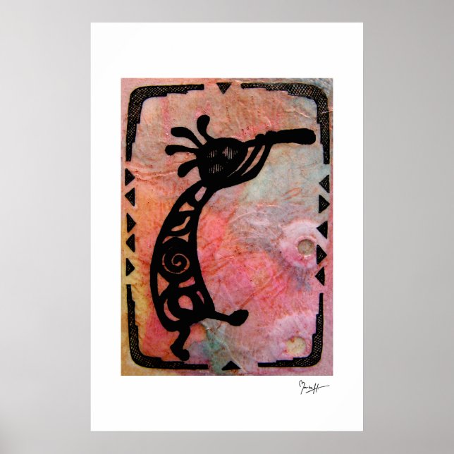 Kokopelli on Rice Paper and Painted Background Poster (Front)