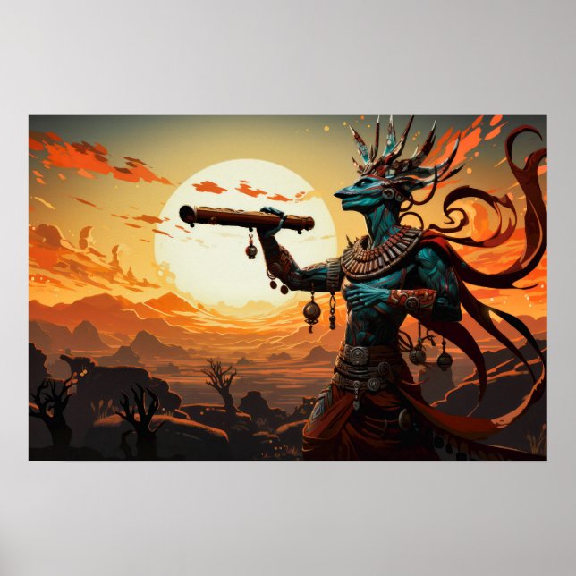 Kokopelli Playing Flute In Rocky  Hills Of Desert Poster (Front)