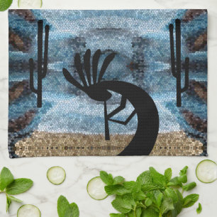 Kokopelli Southwest Desert Blue Mosaic Tea Towel