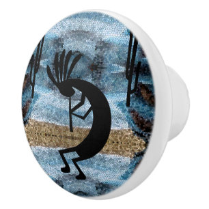 Kokopelli Southwest Desert Mosaic Blue Ceramic Knob