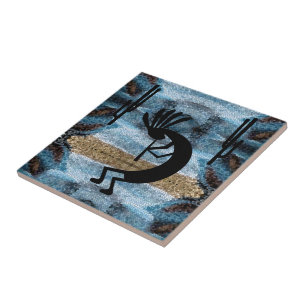 Kokopelli Southwest Desert Mosaic Blue Ceramic Tile