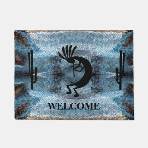 Kokopelli Southwest Desert Mosaic Blue Doormat