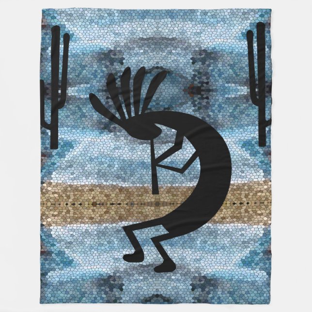 Kokopelli Southwest Desert Mosaic Blue Large Fleece Blanket (Front)