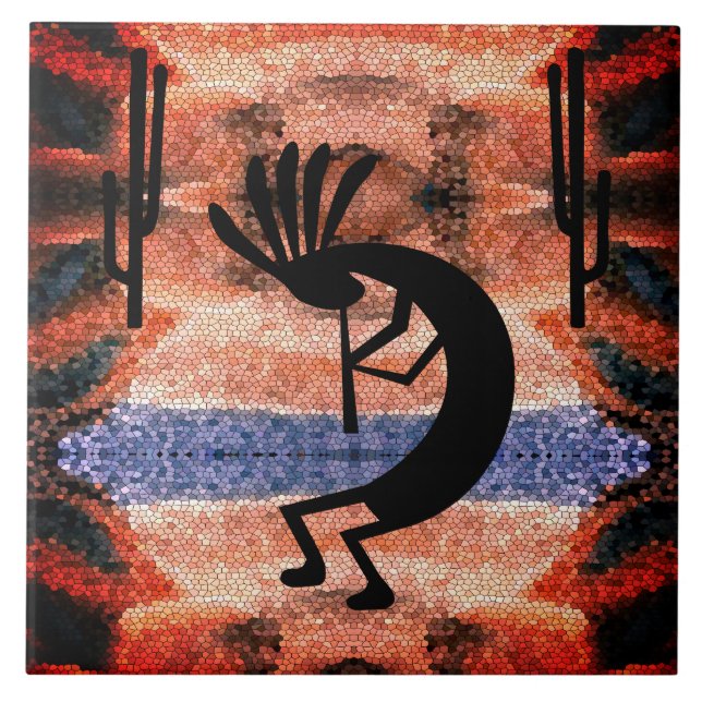 Kokopelli Southwest Desert Mosaic Sunset 6" Ceramic Tile (Front)