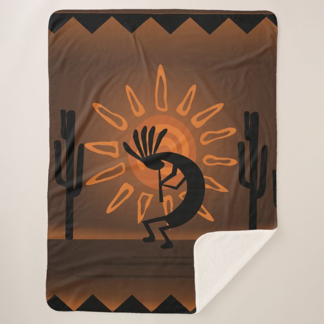 Kokopelli Southwest Rustic Brown Sherpa Blanket (Front)