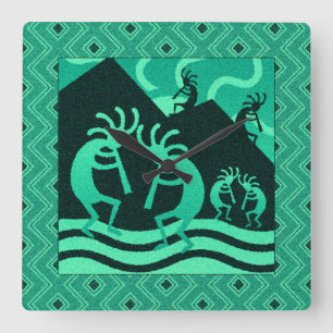 Kokopelli Southwest Turquoise And Black Square Wall Clock