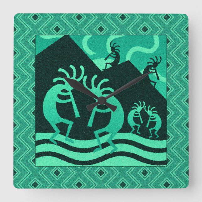 Kokopelli Southwest Turquoise And Black Square Wall Clock (Front)