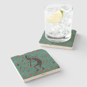 Kokopelli Southwest Turquoise Rustic Travertine Stone Coaster