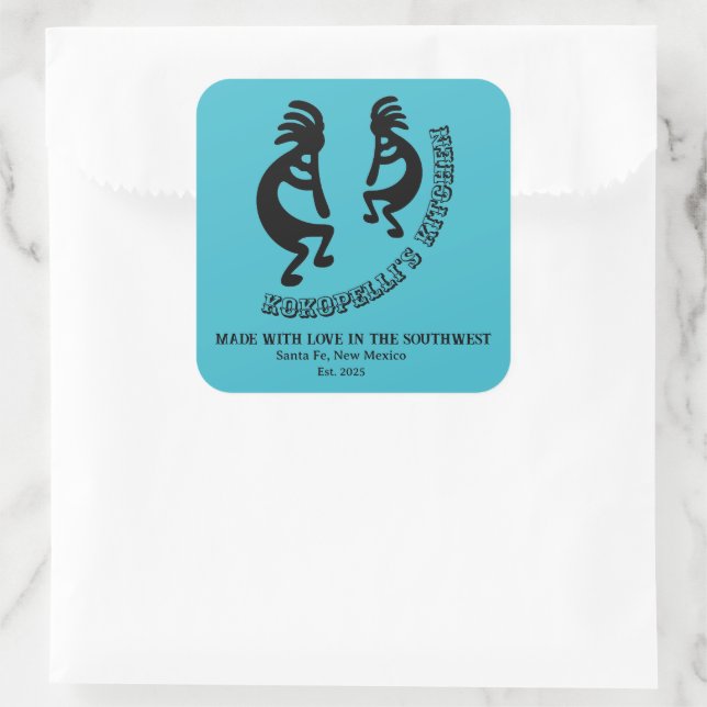 Kokopelli Southwestern Turquoise Custom Business Square Sticker (Bag)