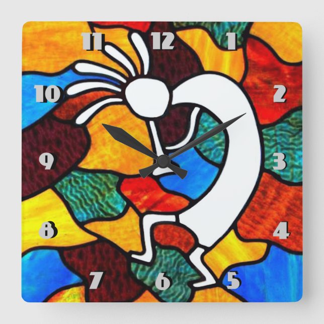 Kokopelli Stained Glass Square Wall Clock (Front)