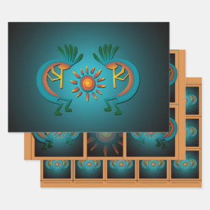 Kokopelli Sun Southwest Turquoise  Wrapping Paper Sheet