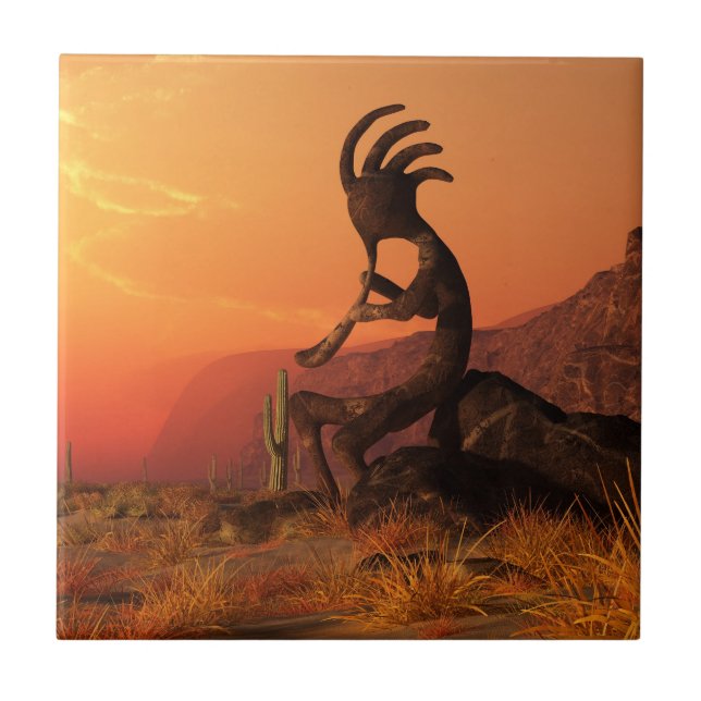 Kokopelli Sunset Ceramic Tile (Front)