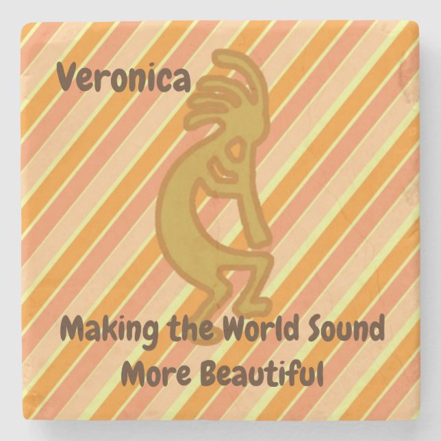 Kokopelli Symbol Flute Player with Orange Stripes Stone Coaster (Front)