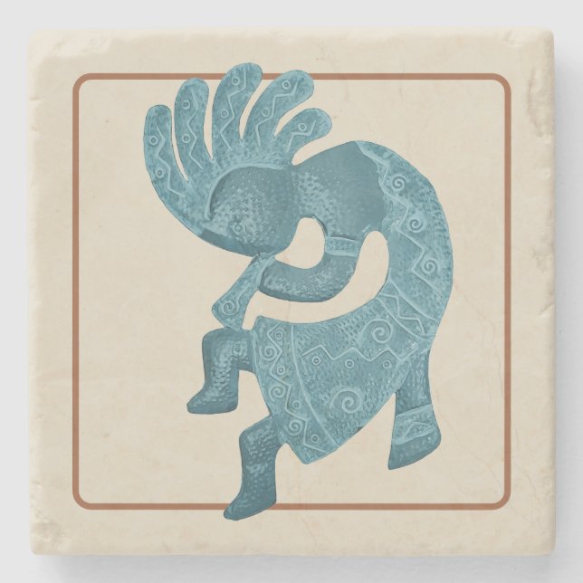 Kokopelli, Turquoise Outlined, Southwest Stone Coaster (Front)