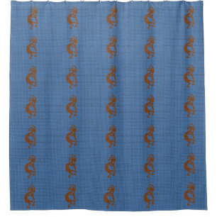 Kokopelli with Flute Pattern Mosaic Blue Brown Shower Curtain