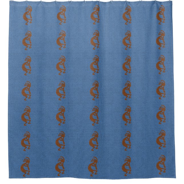 Kokopelli with Flute Pattern Mosaic Blue Brown Shower Curtain (Front)
